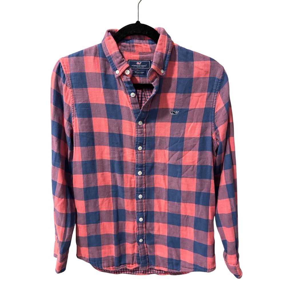Vineyard Vines Boys Whale Shirt Red Navy Blue Buffalo Check Plaid Button Down L